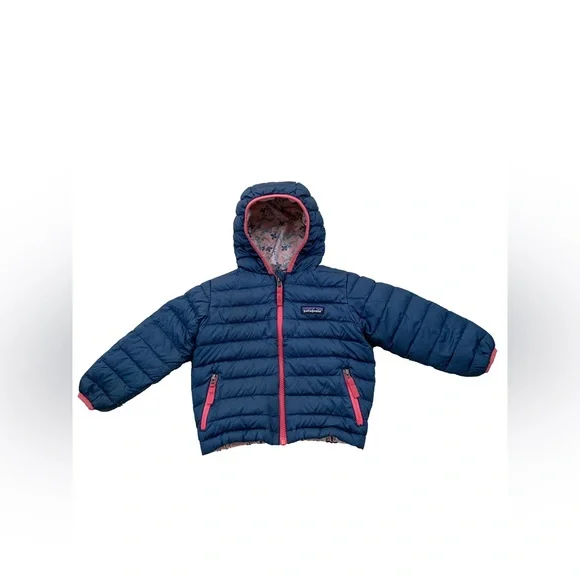 Patagonia Size 2T Reversible Down Sweater Hoodie in Blue and Pink Flowers - Picture 3 of 16